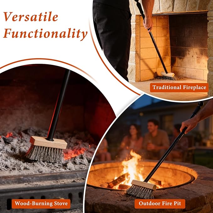 Fireplace Brush 43.3-Inch Heavy Duty Long Handle Metal Fireplace Brush Broom with Heat-Resistant Iron Bristles