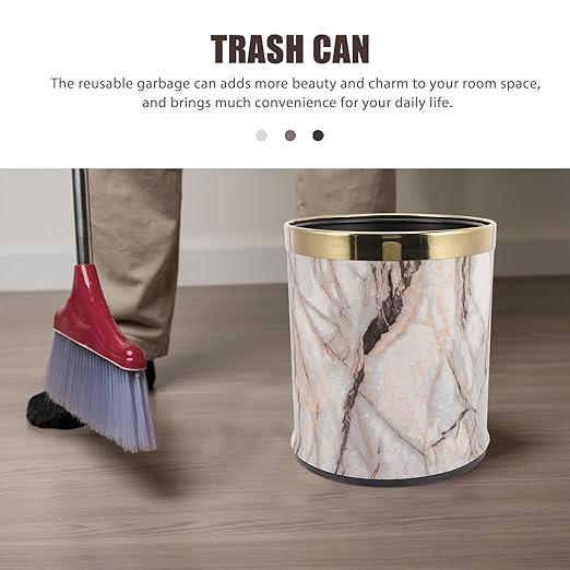 Marble Pattern Wastebasket with Gold Ring Round Plastic Bathroom Trash Can Kitchen Garbage Container for Residential and Hospitality Use