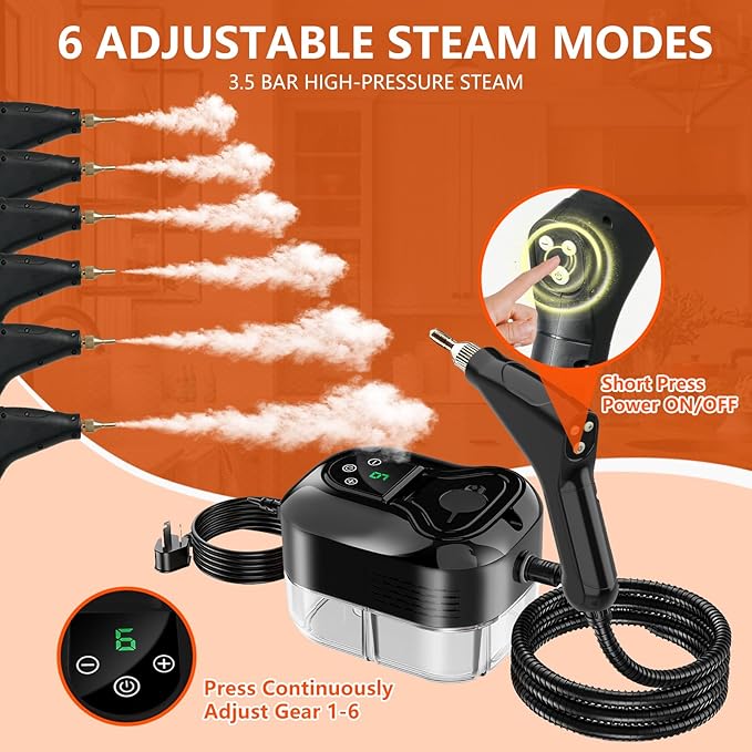 Steam Cleaner for Home &amp Car - 1200ML Water Tank 15s Heat-Up Portable Steamer for Cleaning 6 Level Handheld Steam Cleaner for Car Detailing with 6 Accessories for Furniture Grease Carpet Grout