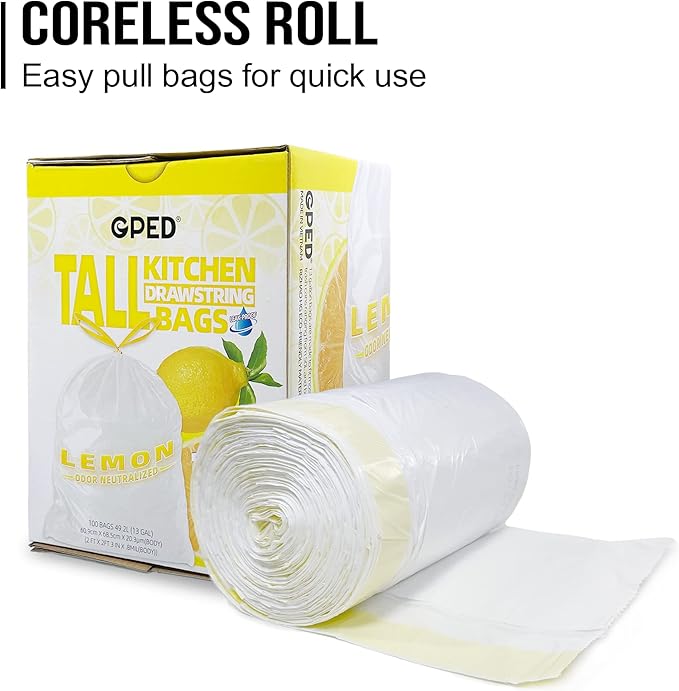 8NET 13 Gallon Kitchen Drawstring Trash liners Bags | 0.8 Mil | 24 x 27 - 100 Count Per Box (Box of 2) | Kitchen Home Office Bedroom Garbage Bags | Lemon Fresh Scent | White