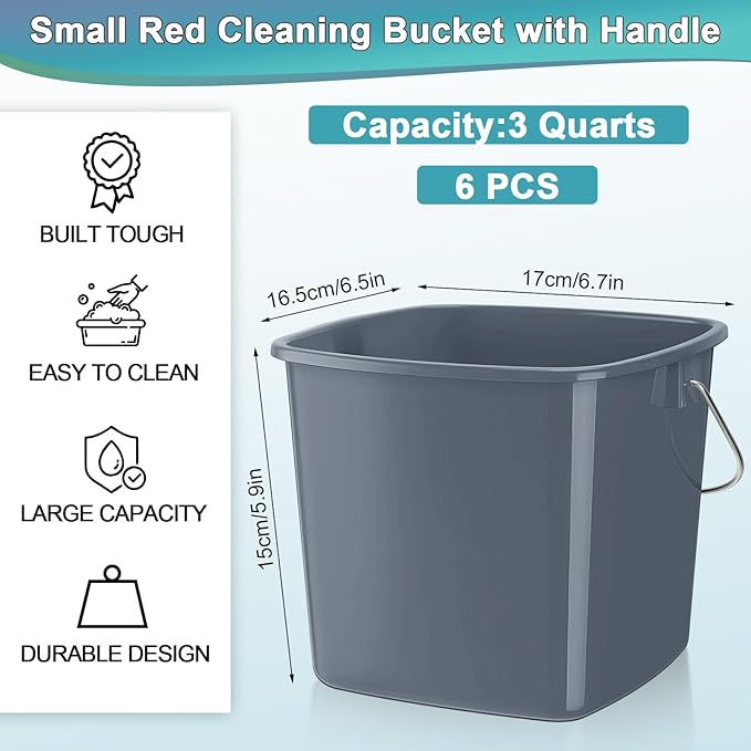 Zhehao 6 Pcs 3 Quart Bucket for Cleaning Small Sanitizer Bucket for Restaurant Square Plastic Pail with Handles for Home Offices Commercial Use Food Service(Gray)
