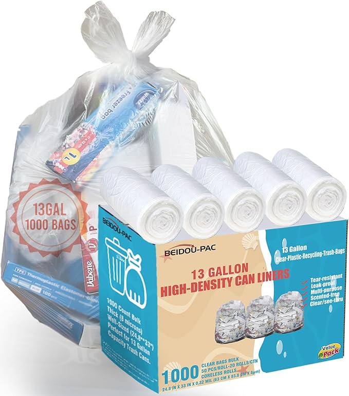 Tall Kitchen Trash Bags 13 Gallon 1000 Count Unscented Clear Plastic Recycling Bags