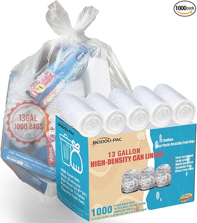 Trash Bags 13 Gallon 1000 Count Bulk Value Pack Clear Plastic Recycling Garbage Bags Multi-purpose Tall Kitchen Trash Bags Can Liners for Business Home Commercial and Industrial