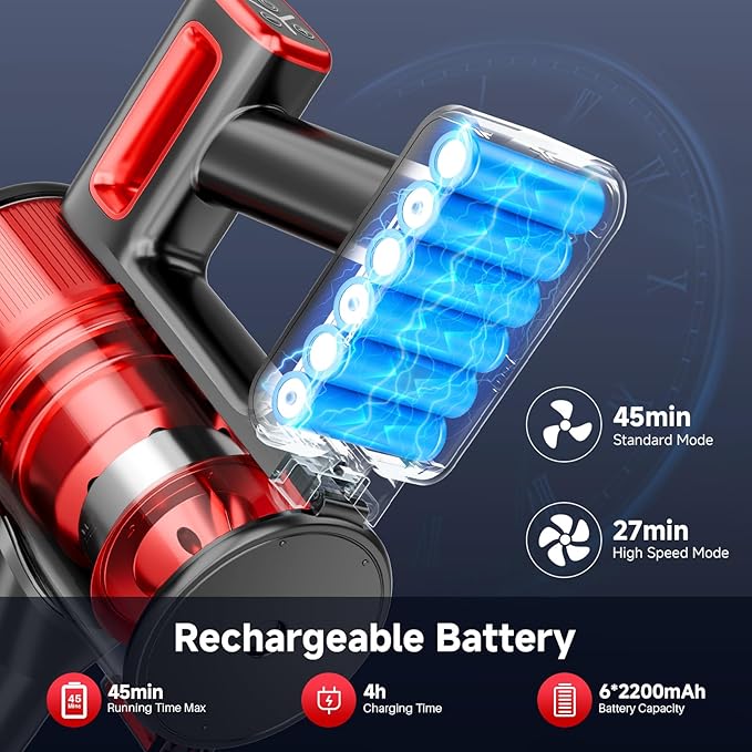 Cordless Vacuum Cleaner for Home - Lightweight Stick Vacuum Clean with Rechargeable Battery Max 45Mins Runtime 8 in 1 Handheld Vacuum for Hardfloor &amp Carpets Pet Hair Red&ampBlack