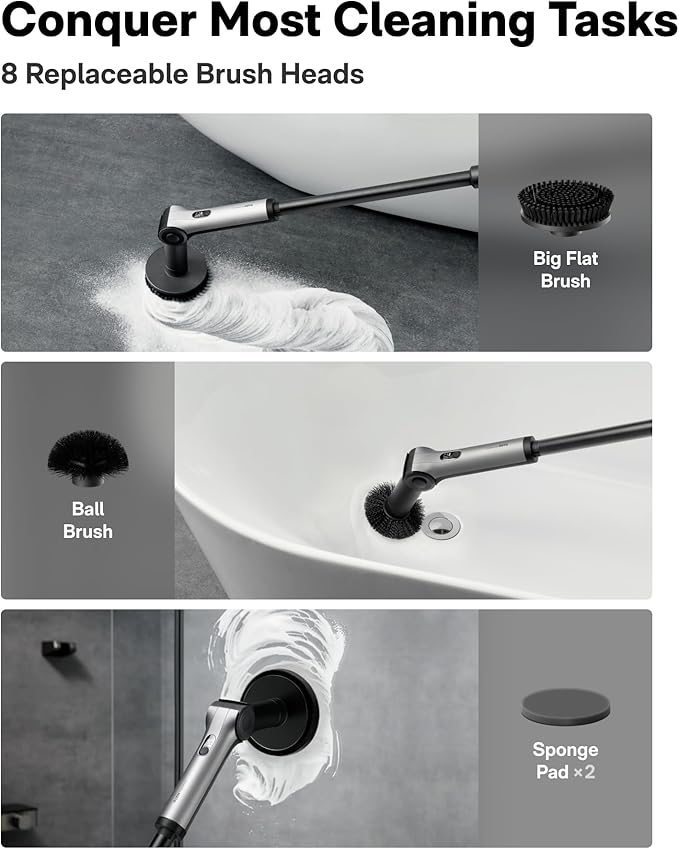 HOTO Flexi™ Cordless Electric Spin Scrubber Adjustable Angle Extendable Handle Smart Display IPX7 Waterproof Powerful Cleaning Scrubber with 8 Replaceable Brush Heads for Bathtub Bathroom Tile