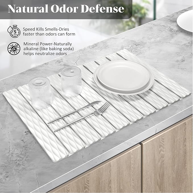 Stone Dish Drying Mats for Kitchen Counter 24(L)×16(W) Wave - Pattern Fast Drying Collapsible Dish Drying Mat Eco-Friendly Absorbent Diatomaceous Earth Mats for Match Any Countertop