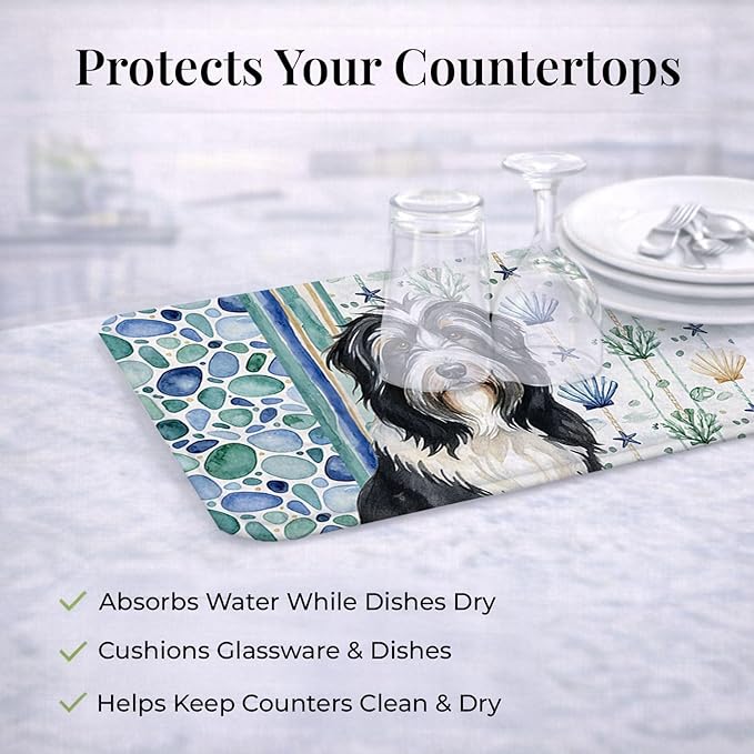 Caroline's Treasures Black Bearded Collie Coastal Sea Glass Dish Drying Mat Absorbent Dish Drying Mat Pad for Kitchen Counter Dish Drainer Mat for Countertop 14 x 21 Multicolor