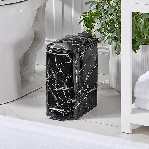 mDesign Slim Metal Rectangle 1.3 Gallon/5 Liter Trash Can with Step Pedal Easy-Close Lid Removable Liner - Narrow Wastebasket Garbage Container Bin for Bathroom Bedroom Kitchen - Black Marble
