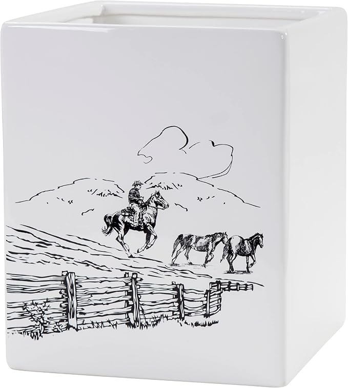Paseo Road Ranch Life Western Bathroom Accessories Ceramic Waste Basket with Black and White Cowboy Horse Print Rustic Countertop Bathroom Decor