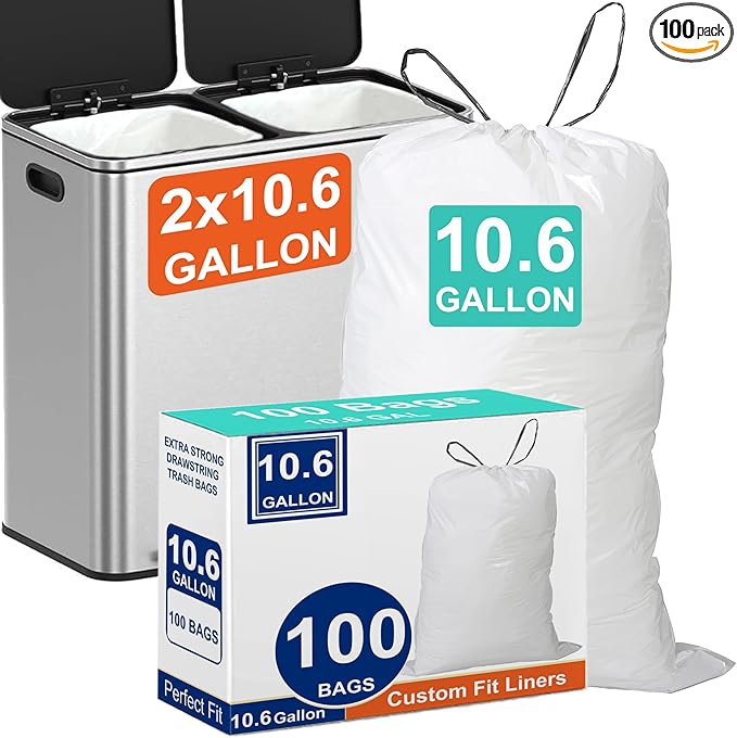 10.6 Gallon 100 Count for Dual Compartment Trash Can (2 x 10.6 Gallon) Trash Bags with Ultra-Strong Drawstring Heavy Duty 1.2 Mil Pre-Separated Tear &amp Leak Resistant PERFECT FIT &amp GRAND SAVE!