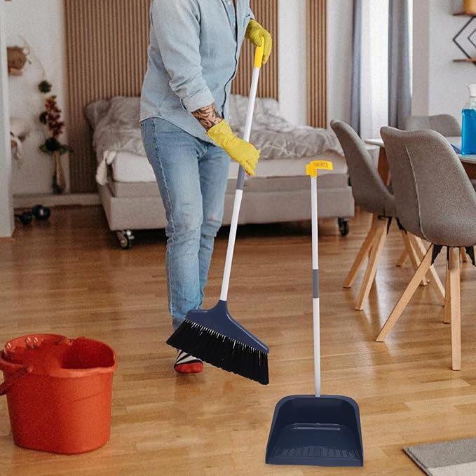 Lurrose Broom and Dustpan Set Broom with Dustpan Combo Set Upgrade Broom Long Handle Broom Broomstick Standing Dust Pan for Home Kitchen Lobby Floor Cleaning