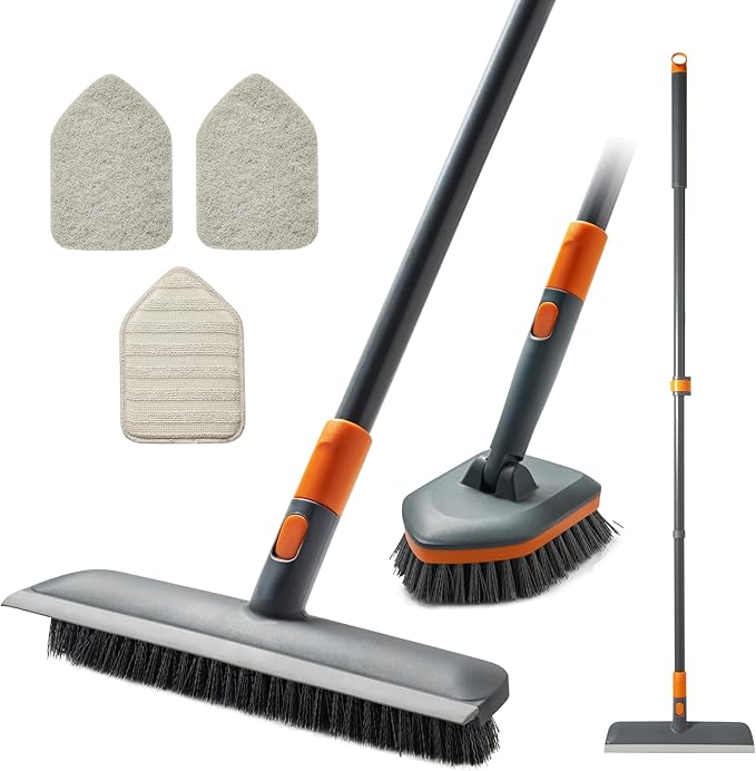 Floor Scrub Brush Tile Tub Scrubber Brush with 4 Different Cleaning Heads Shower Brush with 56” Extendable Long Handle Scrubbers for Cleaning Kitchen Bathroom Tub Tile Wall