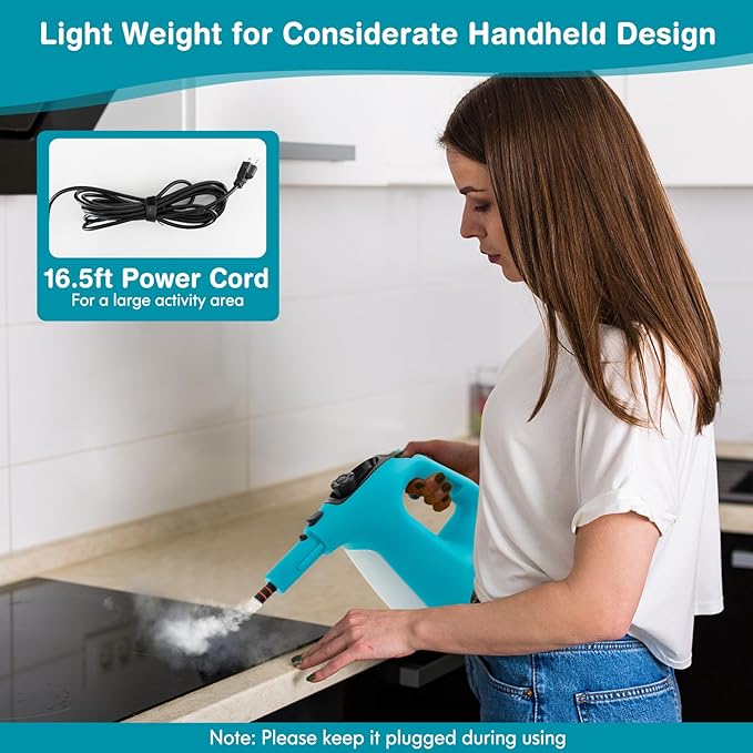 Handheld Steam Cleaner 1400W Pressurized Steamer with 17 Pieces Accessory Set &amp Child Lock Multipurpose Portable Steam Mop for Home Use Floors Windows Cars Sofas (Blue)