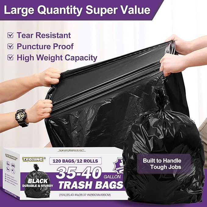 35-40 Gallon Black Trash Bags 120 Count - 35 x 40 Large Garbage Bags 30+ Gallon Strong Trash Can Liners for Home Commercial UseYard Waste Bulk