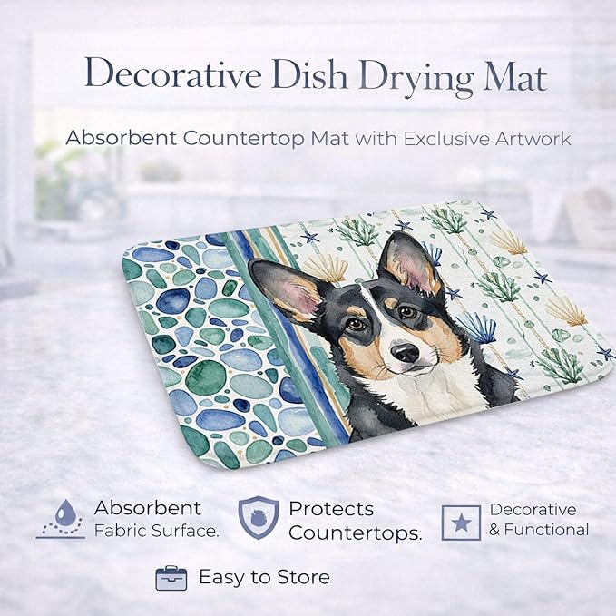 Caroline's Treasures Black and White Cardigan Welsh Corgi Coastal Sea Glass Dish Drying Mat Absorbent Dish Drying Mat Pad for Kitchen Counter Dish Drainer Mat for Countertop 14 x 21 Multicolor