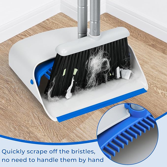 Broom and Dustpan Set with Long Handle 52 Standing Broom and Dust Pan Set for Home Kitchen Room Office Lobby Blue
