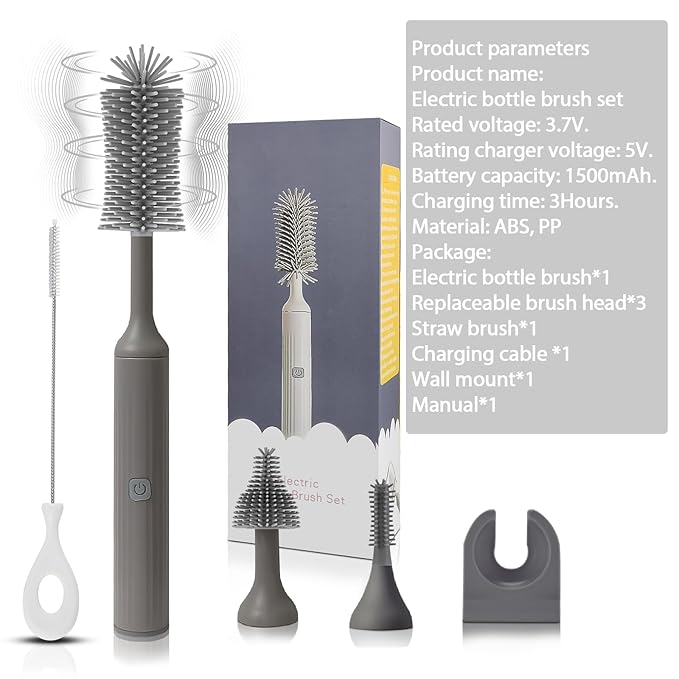 Electric Baby Bottle Brush Set with Rechargeable Electric Bottle Brush Cleaner and Replaceable Silicone Bottle Brushes and Straw Brush Cleaner Waterproof Multi-Purpose Cleaning Brush（Grey）