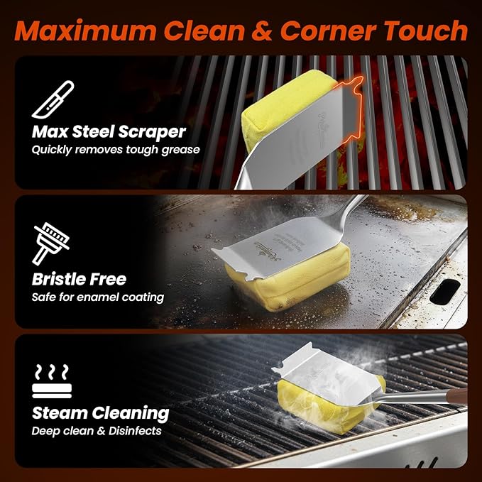 Grill Brush Bristle Free w/Replaceable Yellow Head Enamel Safe 17 Long Handle Grill Cleaner for Outdoor BBQ &amp Griddle MAX Stainless Steel Scraper Corner Reach for Cast Iron Steel