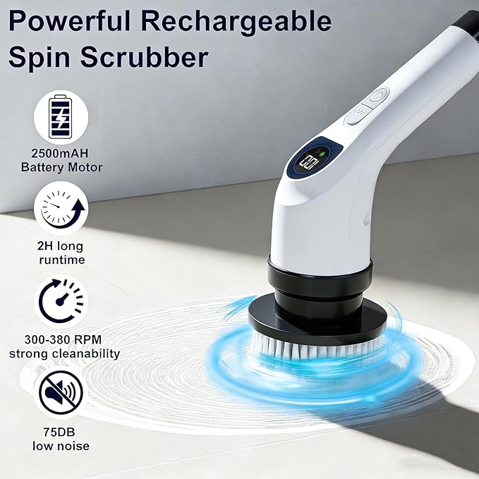 Electric Spin Scrubber for Cleaning Adjustable Shower Brush with 7 Replaceable Heads &amp Power LED Display 2 Speed Waterproof Cordless Shower Scrubber for Bathtub Kitchen Car White