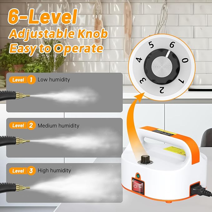 4.5BAR Handheld Steam Cleaner 2500W Portable Steam Cleaner for Home for Car Kitchen Furniture Floors Cleaning Tankless Design 6-Speed Pressurized Steam Machine with 3 Brush Heads Orange