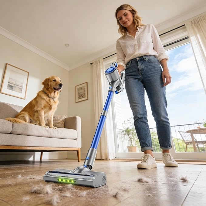Cordless Vacuum Cleaner for Home Powerful Stick Vacuum with Rechargeable Battery Green Light Anti-Tangle Brush 6-in-1 Lightweight Handheld Vacuum for Pet Hair Hard Floor Carpet Blue