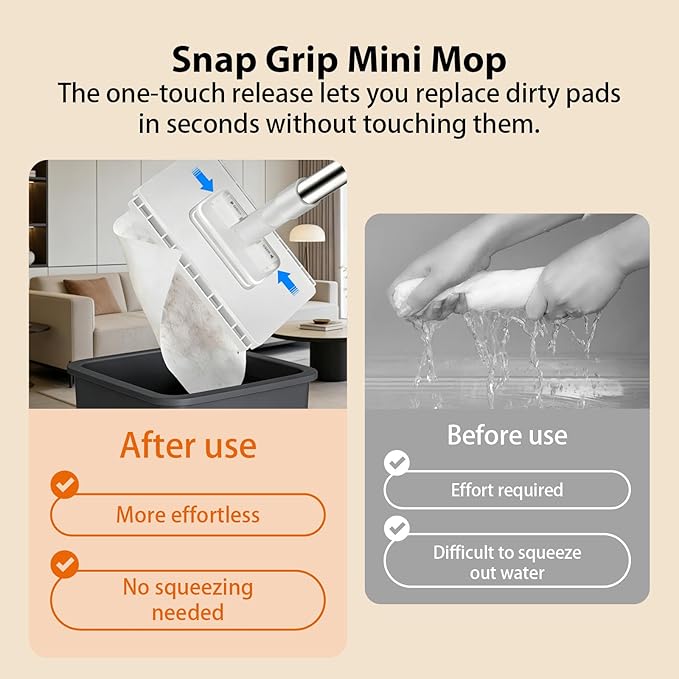 Snap Grip Mini MopZero Touch Mini Mops with Locking HeadCloth ChangingDisposable Dust Mop with Reusable ClothsHandle Wet and Dry All Rags Can Be InstalledQuick InstallationNo Wash (15pcs)