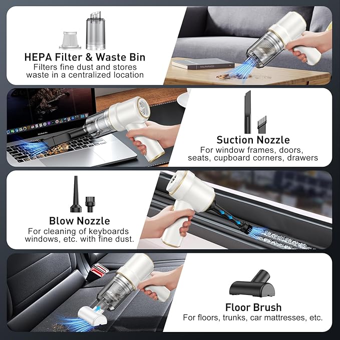 KMM Handheld Car Vacuum Cleaner 9000PA Vacuum Cleaner &amp Air Duster 120W High Power Vacuum Portable Cordless Hand Held Vacuum Rechargeable with Multi-Nozzles &amp LED Light for Home Car Offic