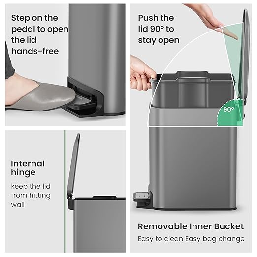 Cesun Small Bathroom Trash Can with Lid Soft Close Step Pedal 6 Liter / 1.6 Gallon Stainless Steel Garbage Can with Removable Inner Bucket Anti-Fingerprint Finish (Gray)