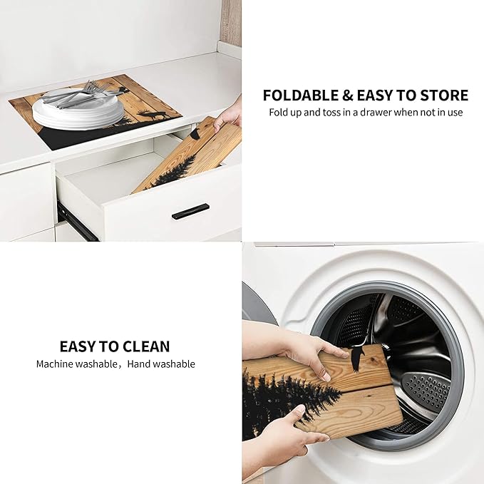 Retro Rustic Wolf Deer Forest Brown Wood Dish Drying Mat for Kitchen Counter 16x18 Microfiber Absorbent Fast Dry Mat 2Pcs Dish Mat Faucet Mats Sets Large Drying Kitchen Mat Kitchen Drying Pad