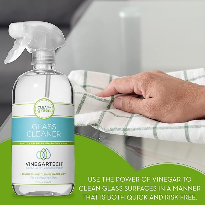 CLEAN+GREEN VinegarTech Glass Cleaner Spray - Cleaning Vinegar- Vinegar For Cleaning Purpose - Glass Cleaner Window Cleaner Bathroom Glass Cleaner- Spray Cleaner for House Supplies- 24 Fl Oz