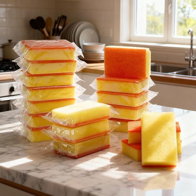 Tioncy 100 Pcs Individually Wrapped Sponges Bulk Kitchen Orange Non Scratch Scrub Sponges Dual Sided Cleaning Scrubber for Household Washing Dishes Pots Pans Sinks Stoves Appliances Car Bike
