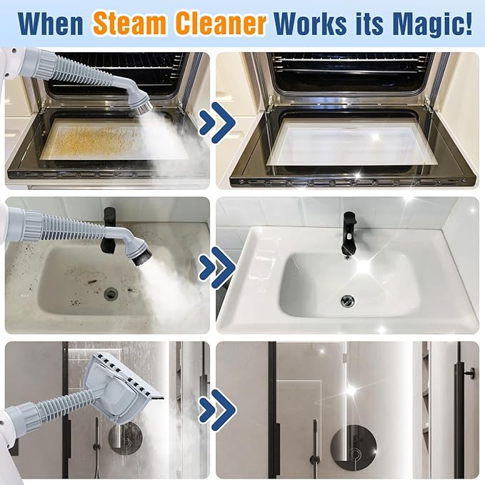 Handheld Steam Cleaner versatile and portable design comes with a safety lock and a 10-piece accessory set to easily remove dirt and grease (white).