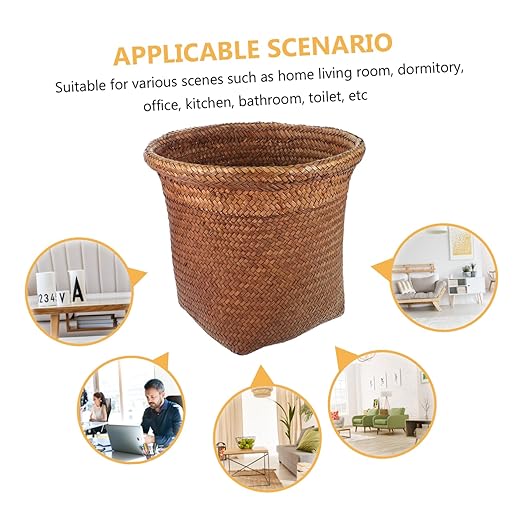 PRETYZOOM Straw Woven Garbage Can Large Wastebasket Rattan Rubbish Container for Kitchen Bedroom Office Bathroom Dormitory Storage Bin