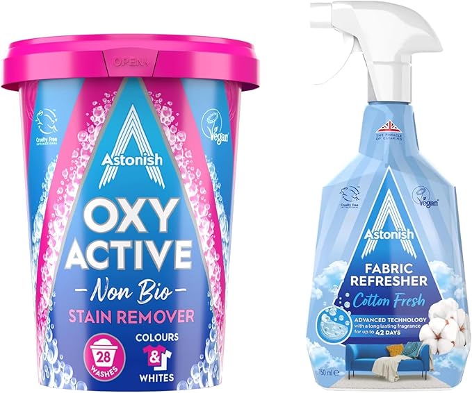 Astonish Fabric Care Bundle – Oxy Active Non-Bio Stain Remover 625g &amp Cotton Fresh Fabric Refresher 750ml – Removes Stains Eliminates Odors Long-Lasting Freshness