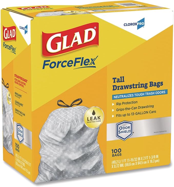 Glad ForceFlexPlus Tall Kitchen Drawstring Trash Bags -13 Gallon White Trash Bag OdorShield -100 Count (Packaging May Vary) Pack of 6