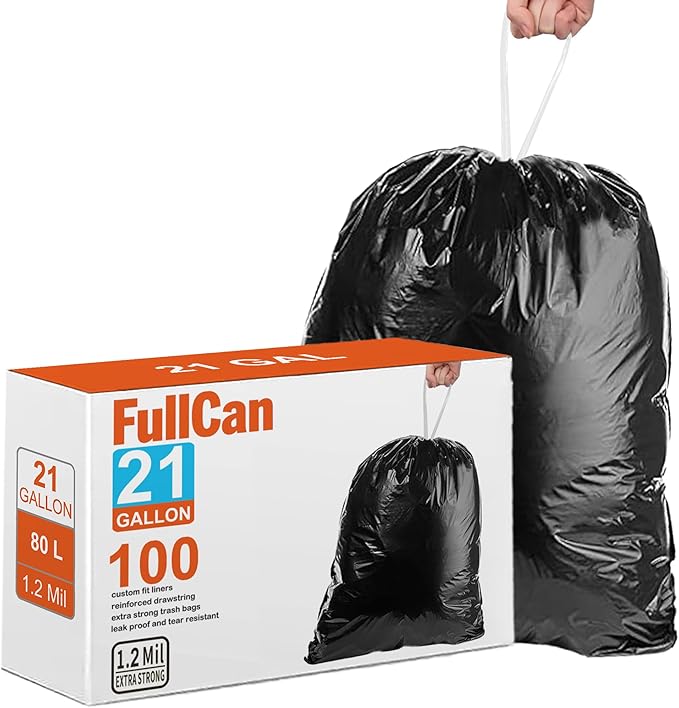 21 Gallon Code X Heavy Duty 1.2 Mil THICK Trash Bags Drawstring Black Garbage Can Liners Fits All 20-21 Gallon/65 Liter 75 Liter 80 Liter Trash Can Code X Compatible
