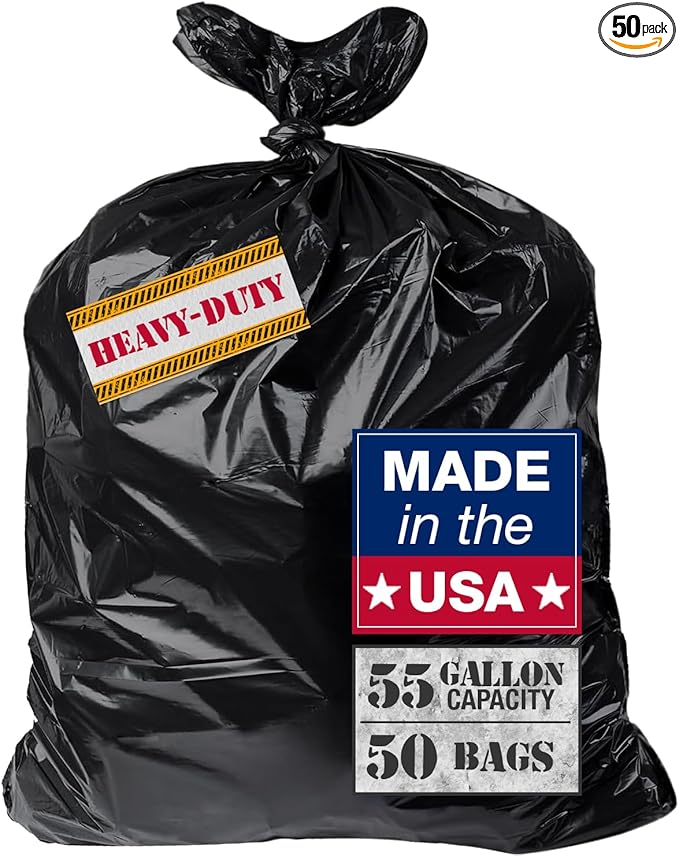 Extra Heavy Duty Black Contractor Garbage Bags 55 Gallon 50 Trash Bags Construction Grade 3 mil Made in USA