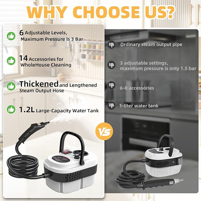 Steam Cleaner for Home &amp Car 15s Fast Heat Handheld Steamer for Cleaning 1.2L Tank 13pcs Accessories 6-gears Adjustable Portable Steam Cleaning Machine for Floors/Couches/Tiles/Grout/Dirt/Grea