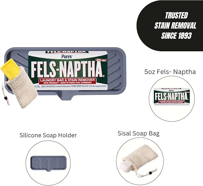 Fels-Naptha Laundry Detergent Bar Soap and Stain Remover Set with 5-ounce Fels-Naptha laundry bar a soap holder and a sisal soap bag