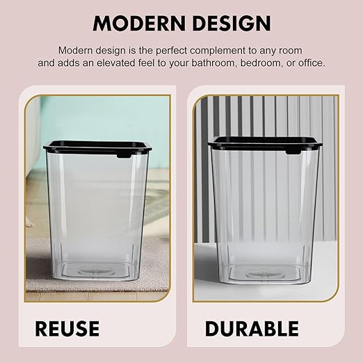 Transparent Plastic Square Trash Can Wastebasket for Bathroom Bedroom Office Open Lid Secure Garbage Container with Pressing Lightweight Bin for Home Kitchen