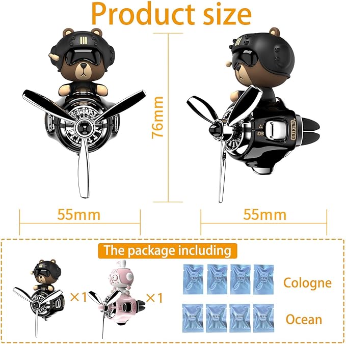 2Pcs Car Air Fresheners Cute Bear Pilot Automotive Air Outlet Creative Car Perfume Diffuser Automotive Accessories Air Vent Decoration with 8 Fragrant Tablets (Black 1+Pink 1)