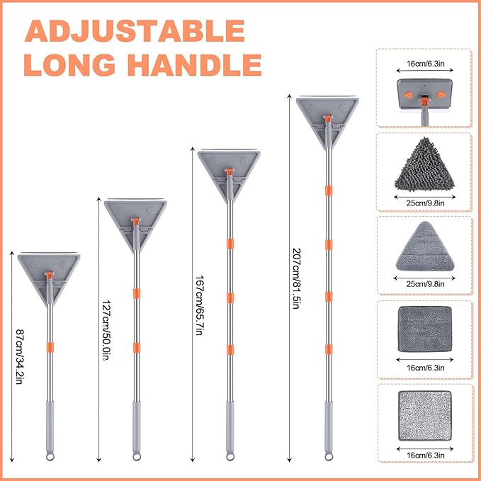 Adjustable Baseboard Cleaner Tool with 81.5'' Handle 360° Rotatable Wall Cleaner Mop 180° Flipping Ceiling Cleaning Mop Tool with 2 Mops 8 Reusable Pads for Walls Baseboard Window Floor