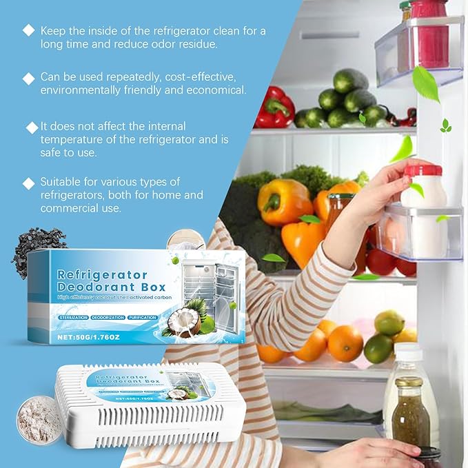 Refrigerator Deodorant Box with Activated Carbon Coconut Shell Odor Eliminator 50G/1.76OZ Reusable Freshener for Home and Commercial Use White