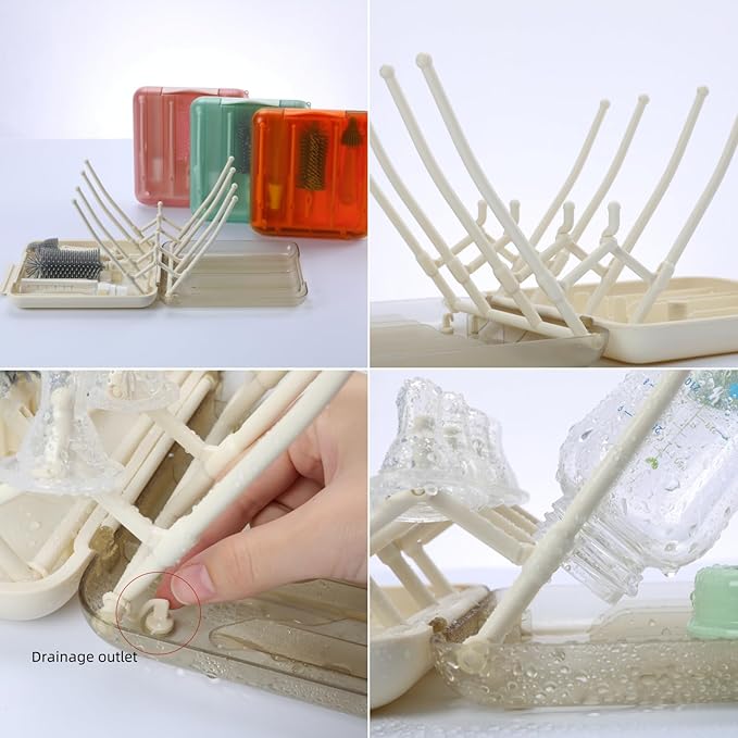 Baby Bottle Scrubber 6-in-1 Bottle Brush Set with Silicone Brush Nipple Cleaner Straw Brush Soap Dispenser Storage Box and Drying Rack Ideal Bottle Cleaner Kit for Home and Travel (Creamy)