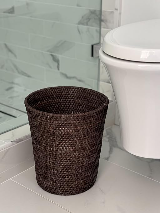 KOUBOO Loma Round Rattan Paper Waste Basket Trash Can Bathroom Garbage Bin Bedroom Kitchen Office Home Desk Small Wicker Bin for Waste Paper Espresso