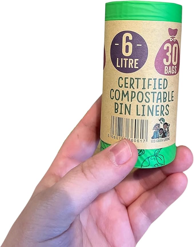 Eco Green Living 6 Litre Compostable Bin Liners – Plastic Free &amp Recyclable Caddy Bags for Food Waste Leak Resistant Small Bin Liners 36 x 66 cm - Quad Pack (120 Bags)