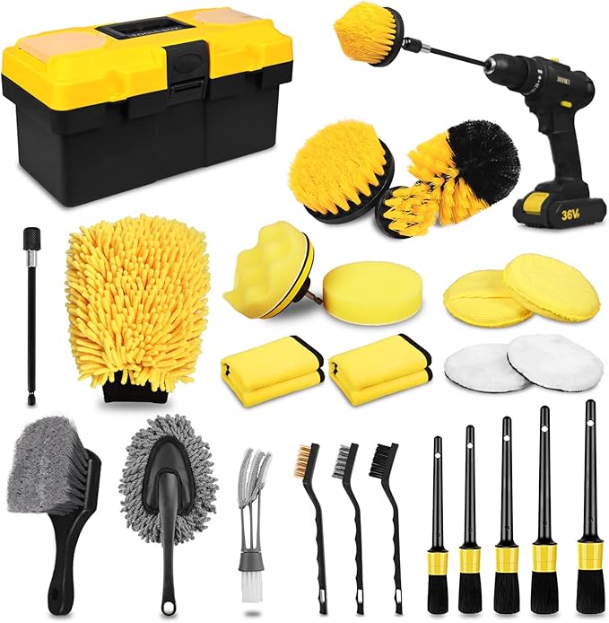 TTRCB 27Pcs Car Detailing Kit Car Detailing Brush Set Auto Detailing Drill Brush Set Car Detailing Brushes Car Wash Kit Car Accessories Car Cleaning Tools Kit for Interior Exterior Wheels