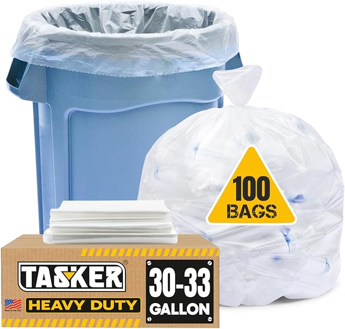 Tasker 30-33 Gallon Trash Bags Heavy Duty (Value 100/Bags w/Ties) Clear Large Plastic Recycling Garbage Bags. 30 Gal 32 Gallon Clear Large Trash Bags