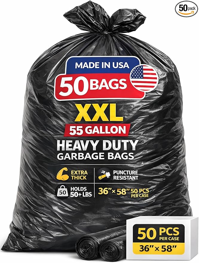 55-60 Gallon Trash Bags Heavy Duty | 50 Count | 50-60 Gallon | Large Black Garbage Bags (XXXL-50 Pcs)