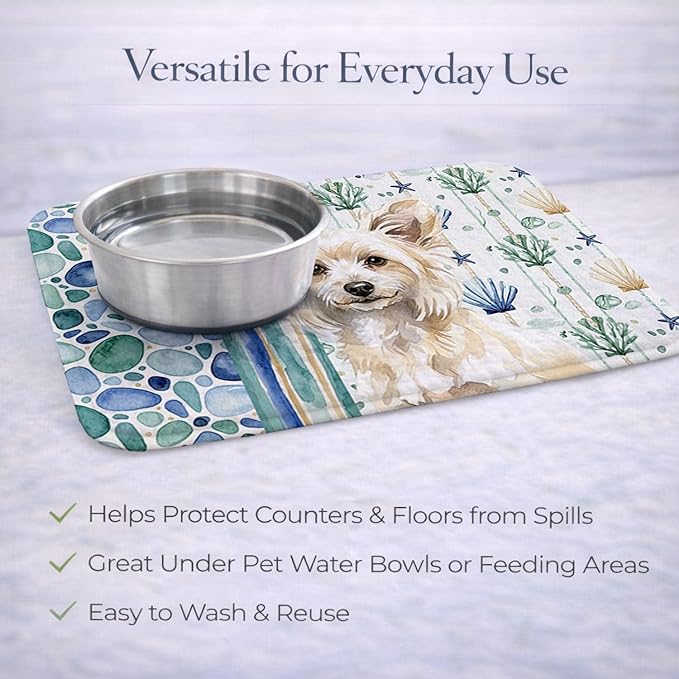 Caroline's Treasures Powderpuff Chinese Crested Coastal Sea Glass Dish Drying Mat Absorbent Dish Drying Mat Pad for Kitchen Counter Dish Drainer Mat for Countertop 14 x 21 Multicolor